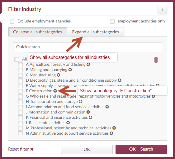 Filter function to collapse and expande industrie subcategories