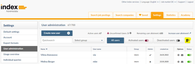 export function in the user administration of index Advertsdata