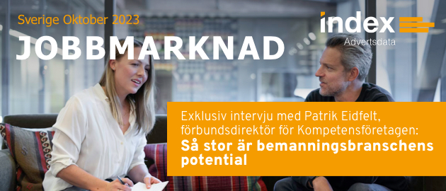 Header Jobmarkt Newsletter Sverige Oktober 2023 "Exklusiv intervju med Patrik Eidfelt, förbundsdirektör för Kompetensföretagen: Så stor är bemanningsbranschens potential"