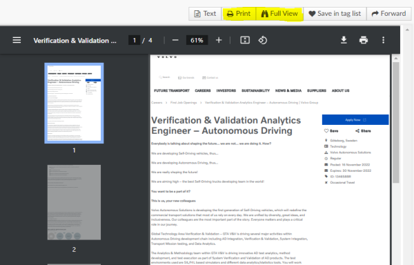job advertiseement "Verification & Validation Analytics Engeneer - Autonomous Driving" from Volvo Sweden